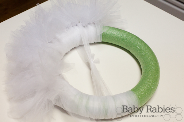 image of wreath foam ring with half finished of tulle strips
